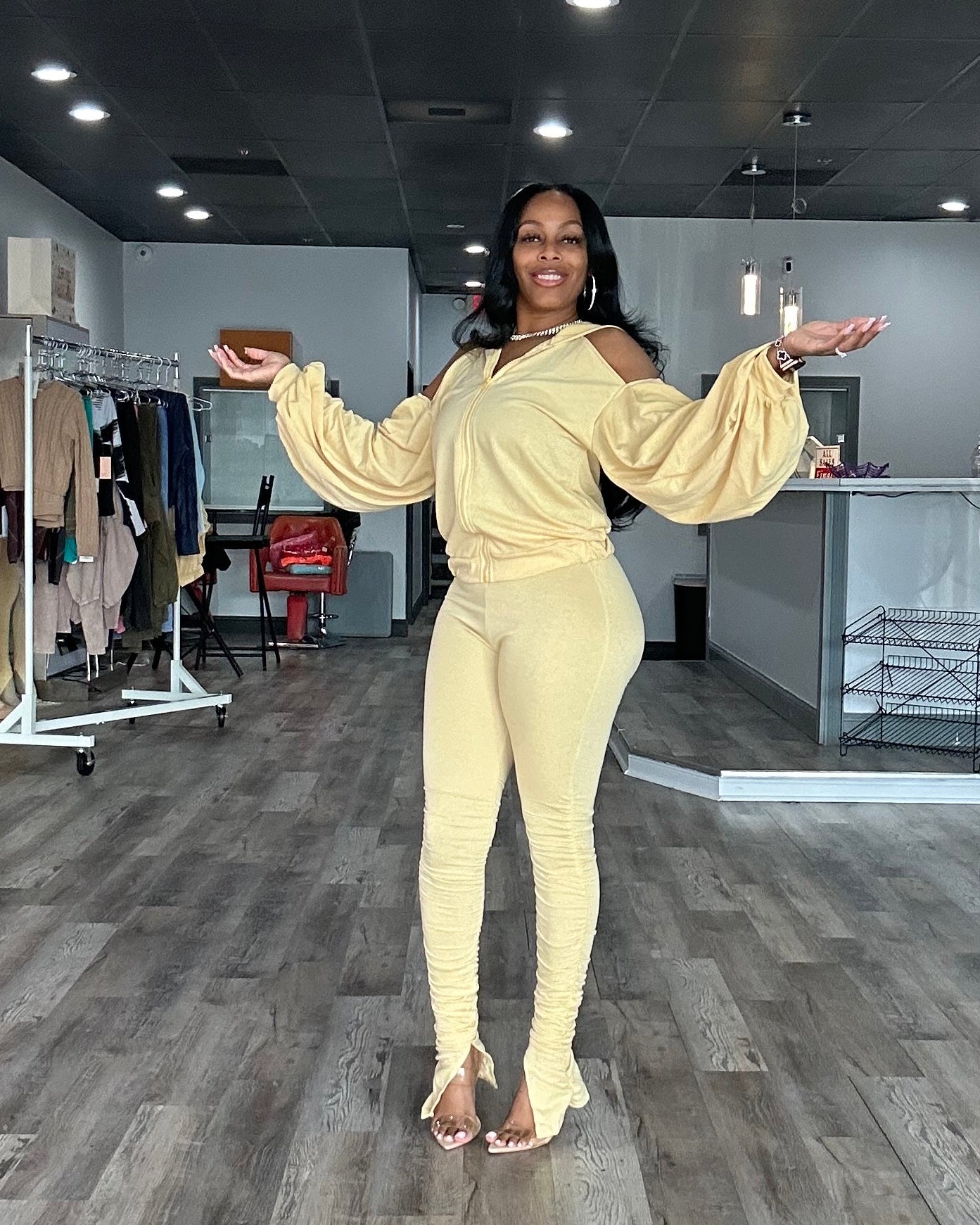 Cold Shoulder Zip-Up Hoodie Pants Set