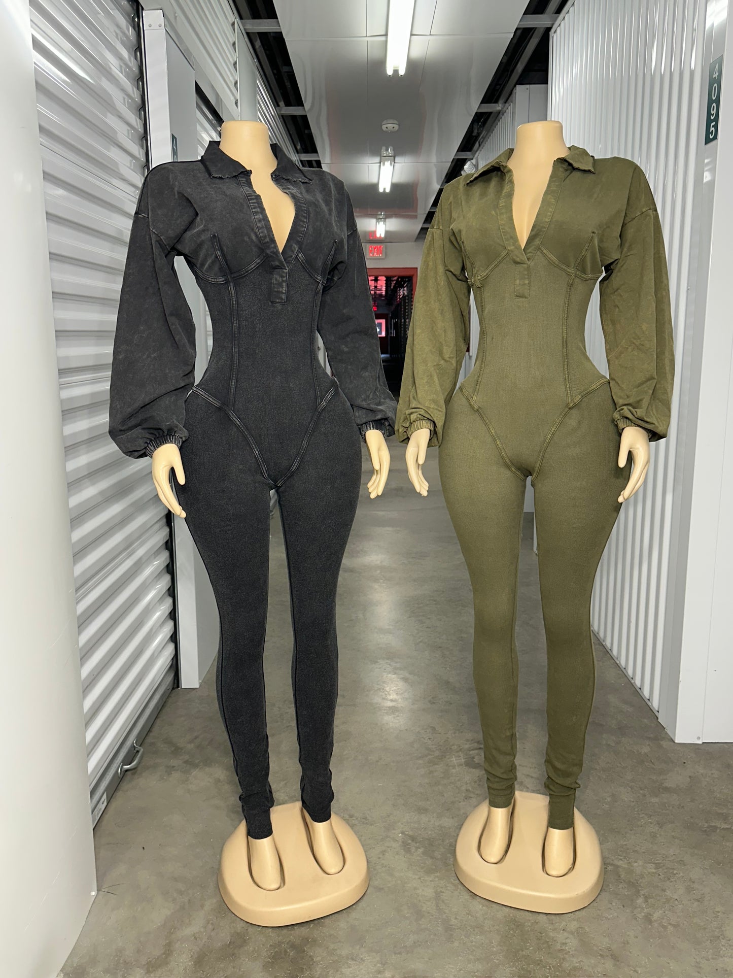 Ribbed V-Neck Fitted Hourglass Jumpsuit